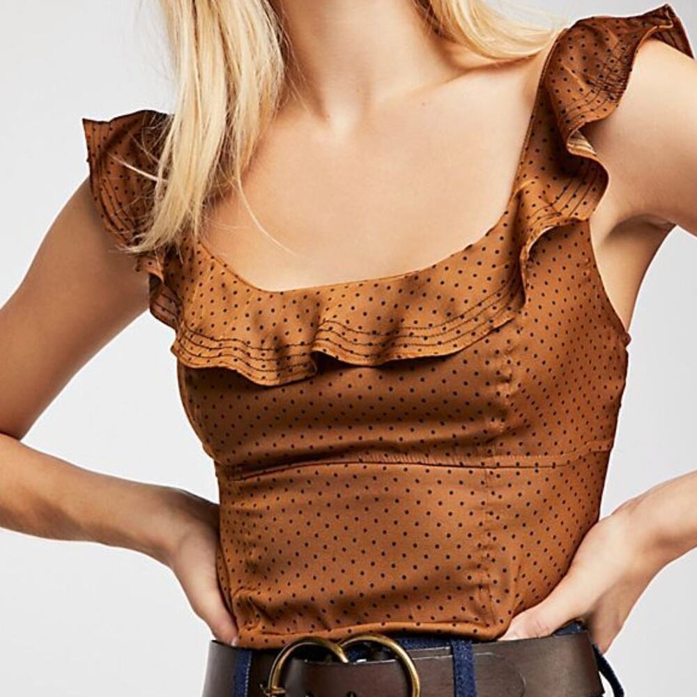 Free People Brown Silky Ruffle Shoulder Sleeveless Top Size XS